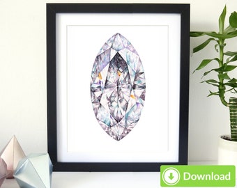 Diamond Printable Art - for Personal Use, Crystal watercolor painting. Crystal print. Download Gemstone wall art decor. Gem art, jpeg, png