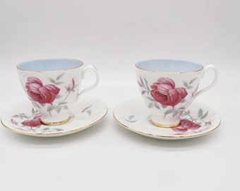 Royal Albert CHARMAINE tea cups, teal and roses teacup pair
