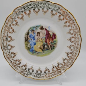 Vintage Porzellan Speiseteller mit den drei Grazien, made in Czechoslovakia, Mid Century Geschirr, Goldrand Teller