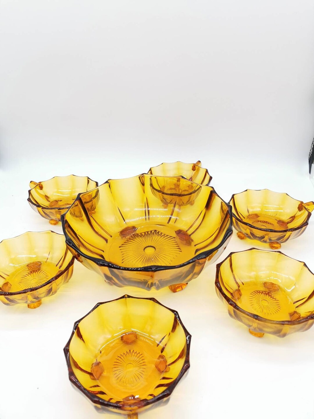 Art Deco Amber Glass Serving Bowl With 6 Small Bowls, Dessert Bowl Set
