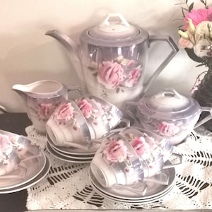 Prachtig vintage art-deco koffie- of theeservies voor 8 personen, paars porselein, cadeau voor haar