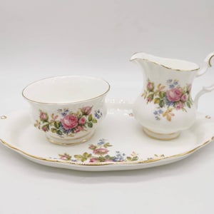 Royal Albert MOSS ROSE Creamer and Sugar set on tray