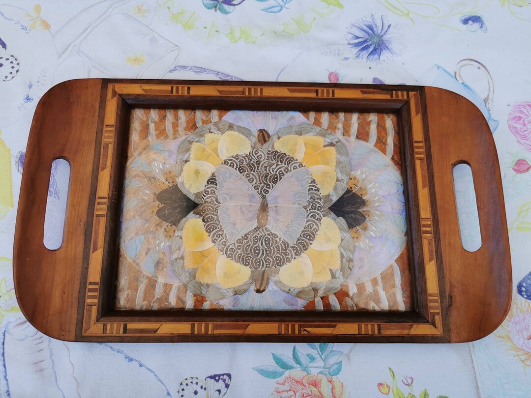 Vintage Brazilian Butterfly Tray, Wood Inlay Serving Tray, Artisan Tray