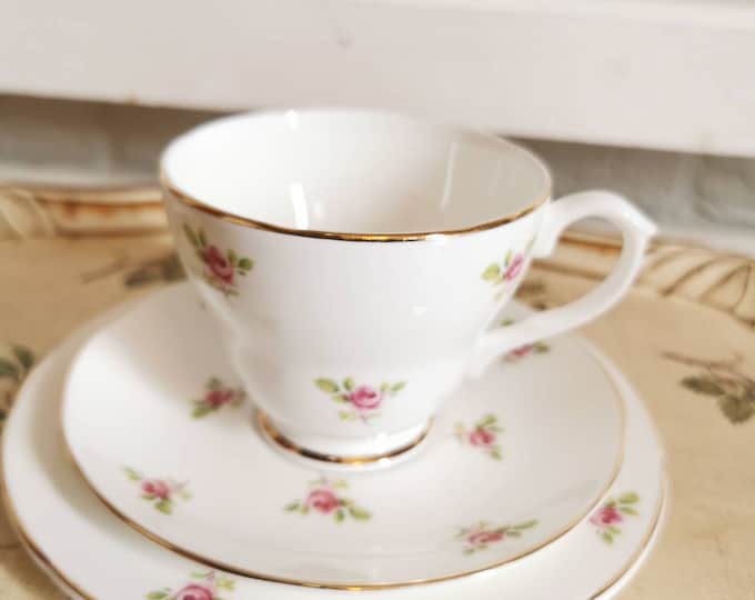 Vintage tea/coffee or breakfast trio, floral english china,  1950s pink rose porcelain teaparty set
