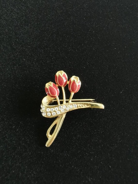 Vintage 1960s floral brooch with red tulips and c… - image 1