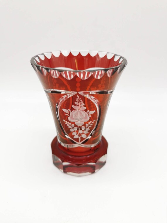 Red Bohemian glass beaker / small vase cut-to-clear art glass | Etsy