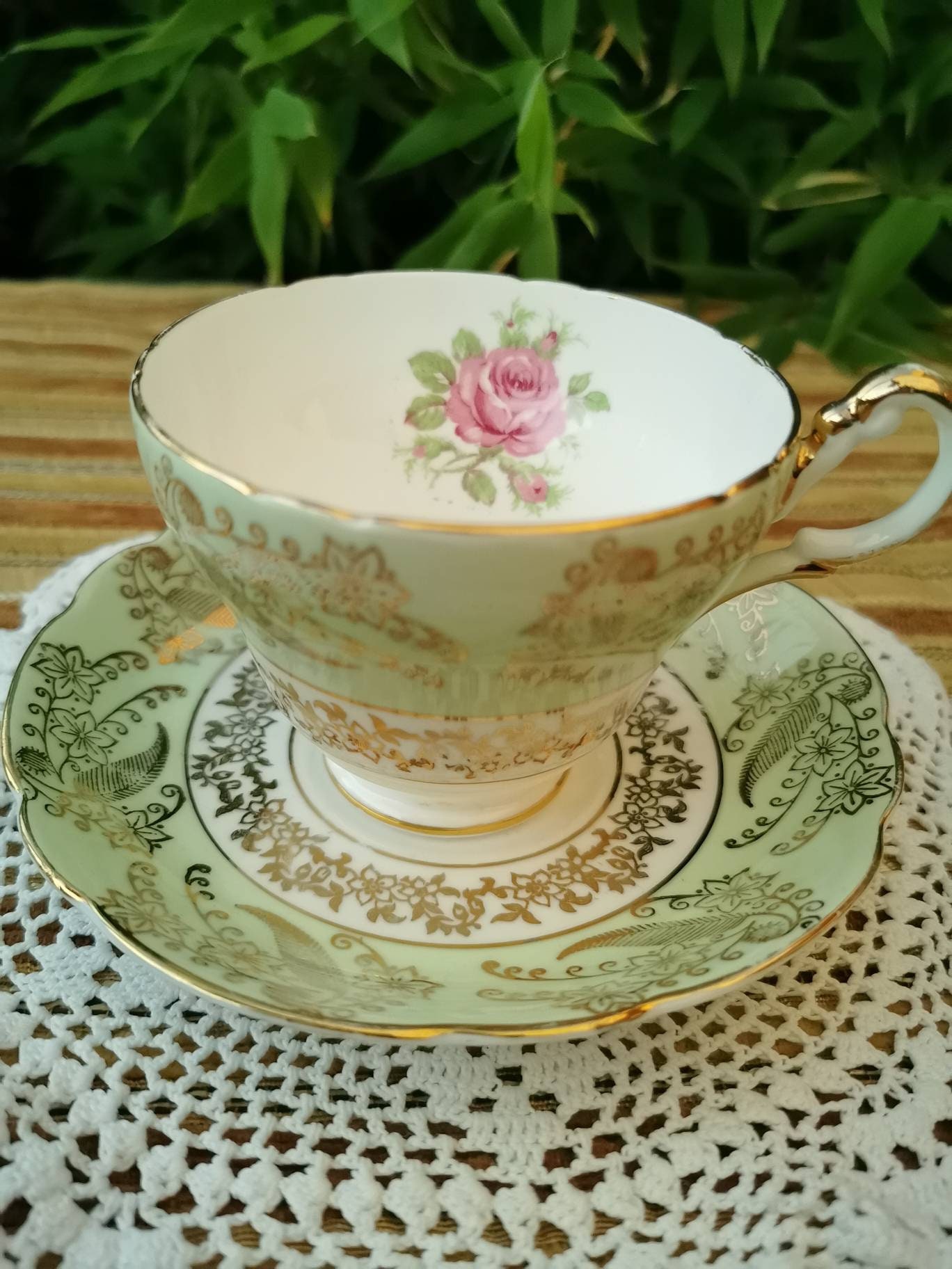 Belle grande tasse de thé anglaise verte et or Etsy