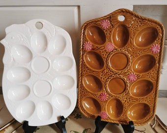 Vintage Egg serving platters, Easter table, deviled eggs presentation, 1960s table decor, majolica egg servers