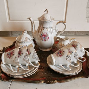 White and gold floral turkish coffee set, miniature coffee set, gold trim cabinet cups