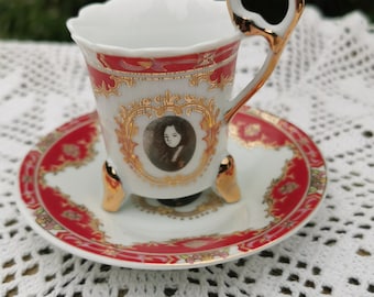 Vintage Vienna style empire espresso cup and saucer in red with lady portrait