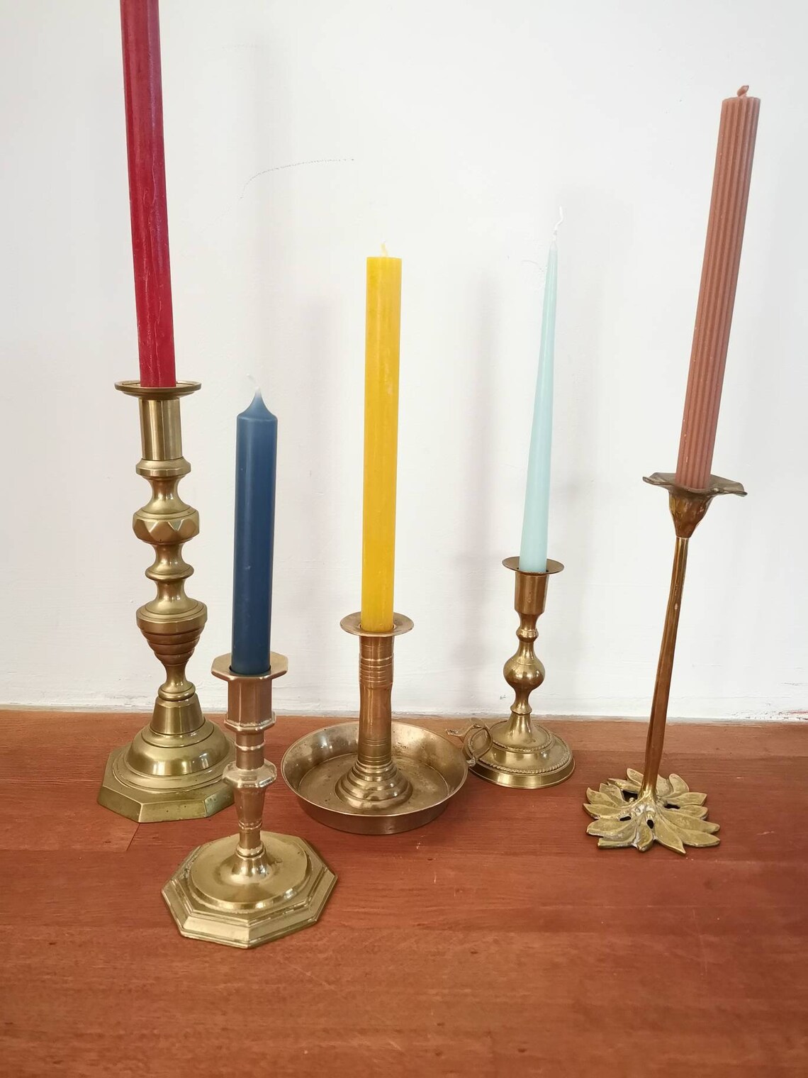 Nice Lot of 5 Brass Candlesticks Vintage Candelabras Golden Etsy