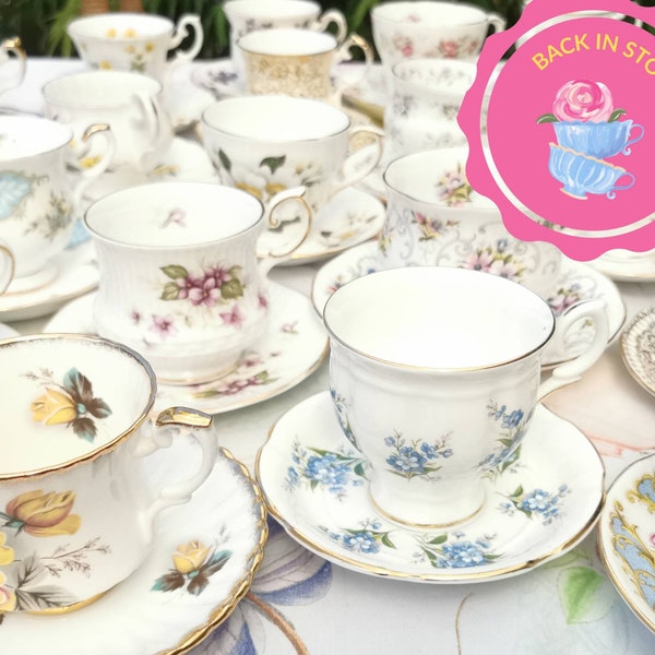 Lot de 6 ou 12 tasses à thé anglais, tasses et soucoupes assorties, porcelaine de mariage vintage, douche nuptiale, goûter, service à thé dépareillé