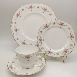 English floral tea cup with 2 plates, pink roses tea cup with saucer, gift for her, wedding china