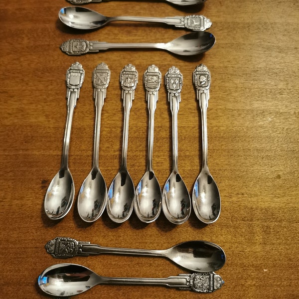 Set of 12 silverplated tea spoons, Gero Dutch City and Province spoons, fancy flatware