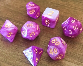 Bubblegum Pink Swirl Galactic Acrylic Full Polyhedral Dice Set of 7 for DnD Pathfinder Tabletop Games