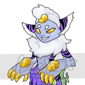 Pode incluir: Uma criatura peluda de cor roxa e branca com olhos amarelos e uma coroa dourada. A criatura tem uma cauda listrada e está vestindo uma roupa roxa e verde com um design floral.