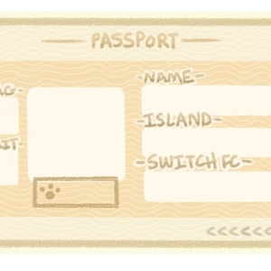 Pode incluir: Um passaporte bege com um ícone de pegada de pata. O passaporte tem campos para "Bandeira", "Fruta", "Nome", "Ilha" e "Switch FC".