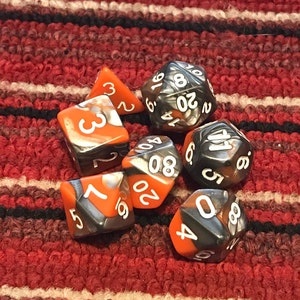 Fire Iron Orange and Silver Acrylic Full Polyhedral Dice Set of 7 for DnD Pathfinder Baldur&#39;s Gate Tabletop Games