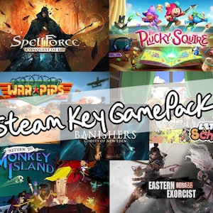 Pode incluir: Imagem promocional para um Steam Key GamePack com vários títulos de videojogos. A imagem inclui capas de jogos como "SpellForce: Conquest of Eo", "The Pucky Squire", "War Pips", "Return to Monkey Island", "Banishers: Ghosts of New Eden", "Let's School" e "Eastern Exorcist".