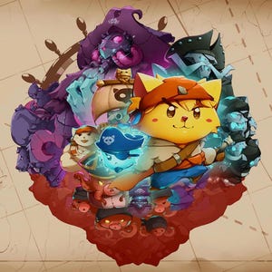 May include: A colourful illustration depicting a pirate adventure. A yellow cat character wearing a pirate hat is the central figure, surrounded by other cartoon pirates, a ship's wheel, and a treasure map background. The artwork features a mix of blues, purples, and reds.