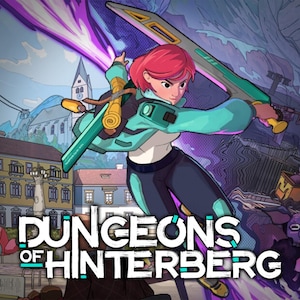 May include: Digital illustration of a character from the game "Dungeons of Hinterberg" wielding a large sword. The character has pink hair and wears a teal jacket and dark pants. The game's title is displayed in white and teal text.