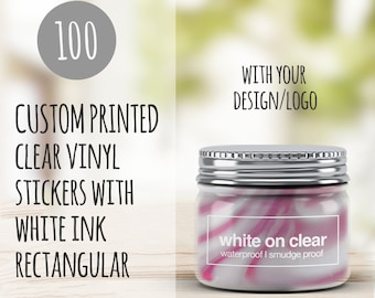 100 White Ink Clear Stickers, Rectangle Waterproof Vinyl Labels