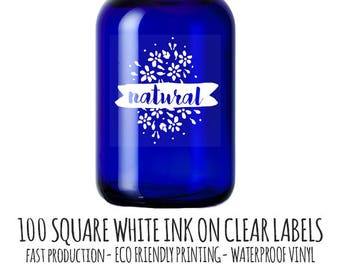 Clear Labels,  Clear Vinyl Labels,  100 White ink square labels,  clear stickers, waterproof sticker, product label, clear sticker, labels