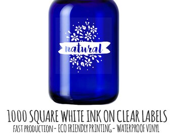 1000 Square Labels with White Ink on Clear Vinyl- Great Labels for Tumblers, Cosmetics, candles and more!