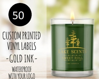 50 Rectangle Gold Ink on Clear Labels, product labels, clear labels with gold print, candle labels, waterproof labels, metallic gold