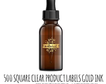 500 Square Gold ink on Clear labels,  clear stickers, waterproof stickers, product label,square sticker labels, square label