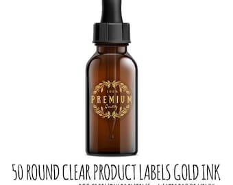 50 Gold Ink Clear Round Product Labels, Waterproof Vinyl Stickers