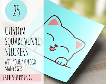 25 Custom Square Vinyl Stickers, Waterproof Labels