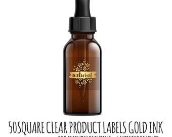 50 Square Gold on Clear Sticker Labels, Waterproof Clear Sticker Label with GOLD ink, Label Stickers, Custom Stickers,
