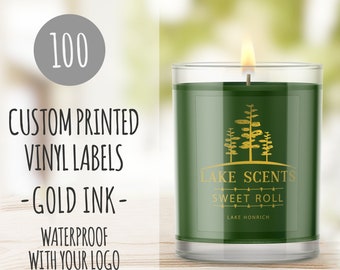 100 Gold Ink Labels Rectangle, Gold Printing, product labels, clear labels with gold print, candle labels, waterproof labels, metallic gold