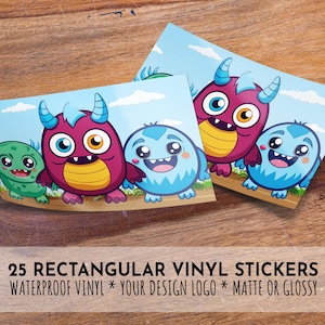 May include: 25 rectangular vinyl stickers featuring a cartoon design of four friendly monsters in blue, green, and red colors. The stickers are waterproof and can be customized with your own logo. Choose from a matte or glossy finish.