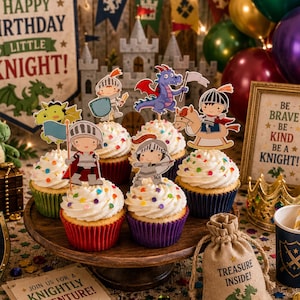 Medieval Knight Cupcake Toppers, Knight and Dragon Party Decorations image 1