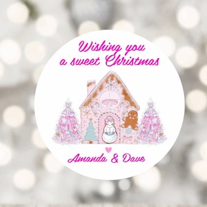 Gingerbread House Christmas Stickers, Have a Sweet Christmas Stickers, Pink Christmas Stickers, Personalized Christmas Stickers