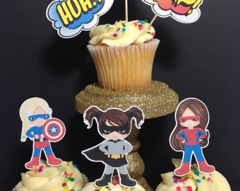 Girl Superhero Cupcake Toppers (Superhero Birthday Party)
