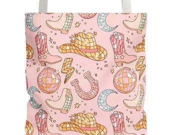 Disco Cowgirl Tote Bag, Pink Western Tote, Cute Cowgirl Aesthetic Bag, Nashville Bachelorette Tote, Girly Everyday Tote Bag