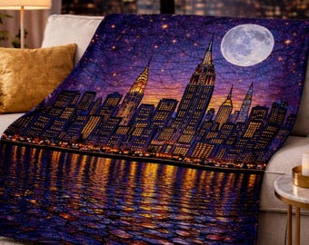 Chicago Skyline Blanket, Stained Glass City Throw, Night City Lights Minky Blanket, Chicago Decor, Housewarming Gift, Travel Gift