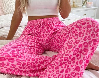 Hot Pink Leopard Pajama Pants, Cute Lounge Pants Women, Cozy Sleep Pants, Bachelorette Pajamas, Soft Comfy Pink PJ Bottoms