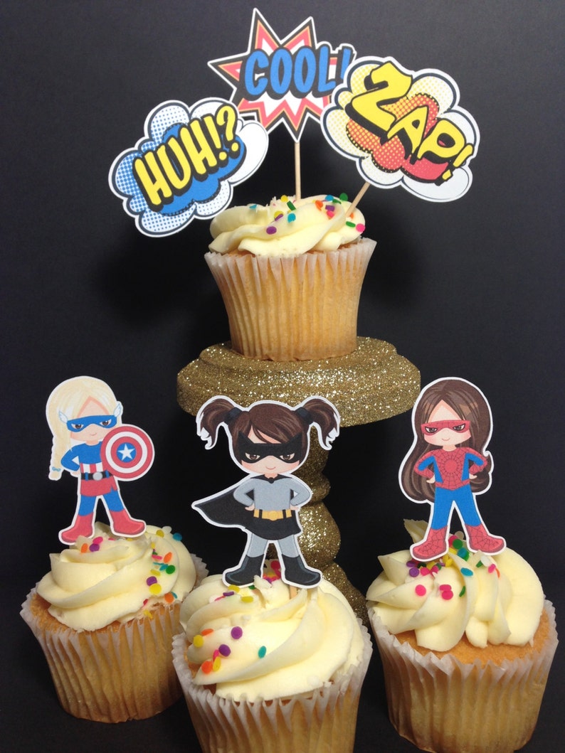 Girl Superhero Cupcake Toppers Superhero Birthday Party image 1