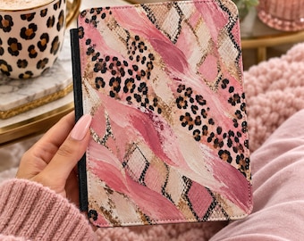 Funda rosa con estampado de leopardo para Kindle, cubierta para lector electrónico con estampado de serpiente color rubor, funda tipo folio para Kindle con estampado animal en oro rosa, accesorio glamuroso para Kindle.
