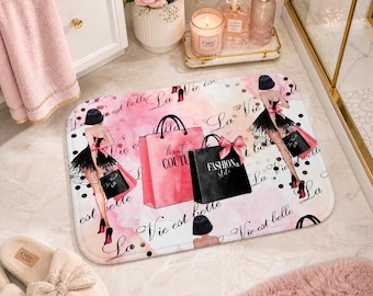 Pink Glam Bath Mat Chic Fashion Girl Bathroom Decor Parisian Theme