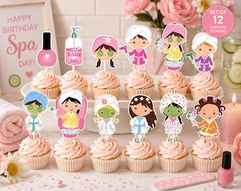 May include: A set of 12 cupcake toppers with spa day theme. Each cupcake is topped with a pink frosting and a decorative topper featuring spa-related images, including nail polish, bubble bath, and spa characters in robes.