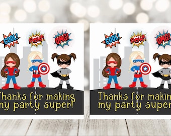 Girl Superhero Gift Bag Stickers, Girl Superhero Party Supplies, Girl Superhero Loot Bag Stickers