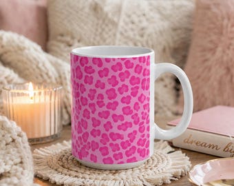 Hot Pink Leopard Print Mug, Cute Pink Coffee Mug, Coquette Aesthetic Mug, Girly Leopard Cup, Trendy Pink Mug, 11oz 15oz Gift for Her