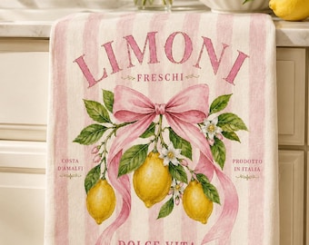 Limoni Lemon Bouquet Tea Towel | Pink Stripes, Dolce Vita Kitchen Linen