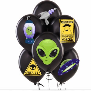 May include: A set of black balloons with alien-themed designs. The balloons feature images of aliens, spaceships, and the text "Area 51", "Warning Abduction Zone", and "Alien in a Jar".
