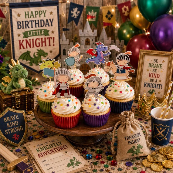 Medieval Knight Cupcake Toppers, Knight and Dragon Party Decorations